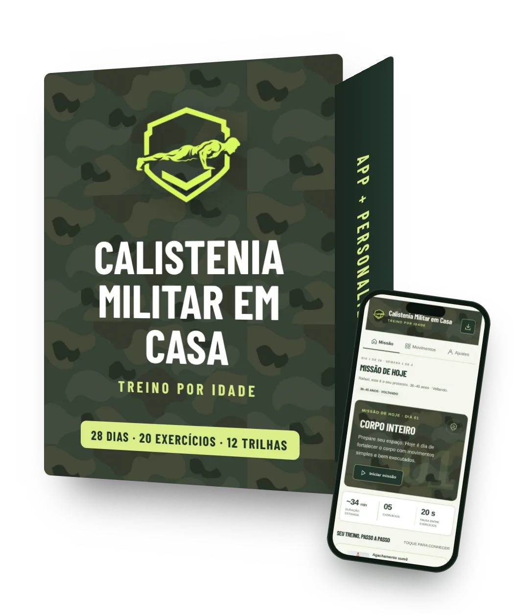 Caixa do produto Calistenia Militar em Casa com o aplicativo no celular