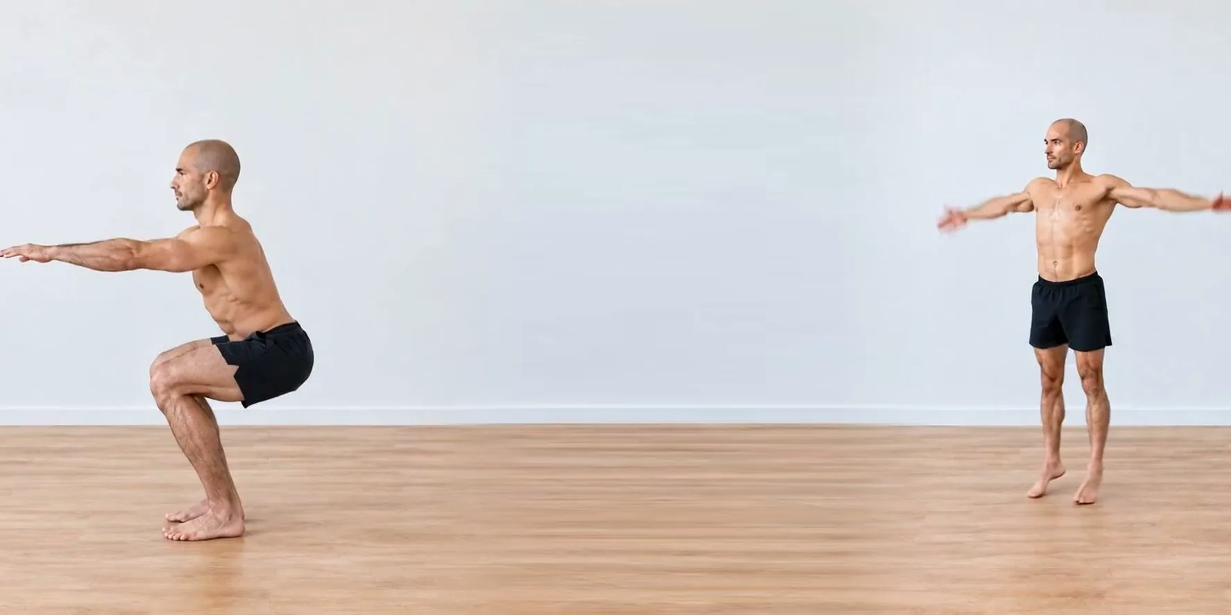 Homem treinando calistenia em casa, sem equipamento, no piso de madeira