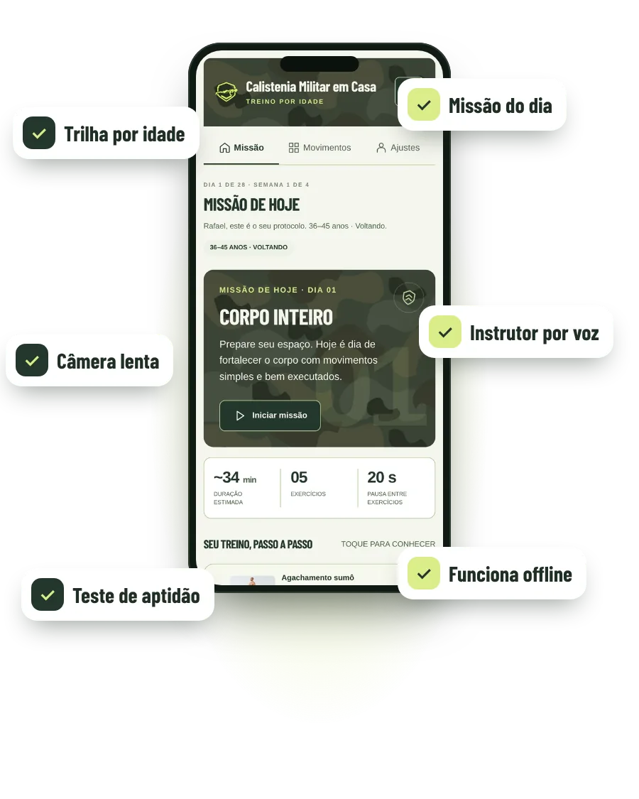 Aplicativo Calistenia Militar em Casa no celular com trilha por idade, missão do dia, câmera lenta, instrutor por voz, teste de aptidão e uso sem internet