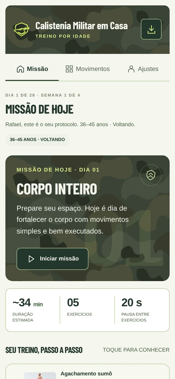 Conheça o Calistenia Militar em Casa — tela real do aplicativo