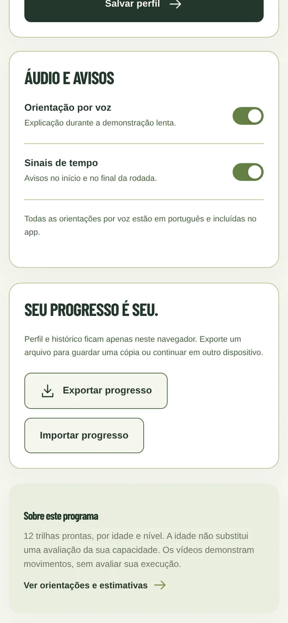Tela do aplicativo: Ajustes e progresso
